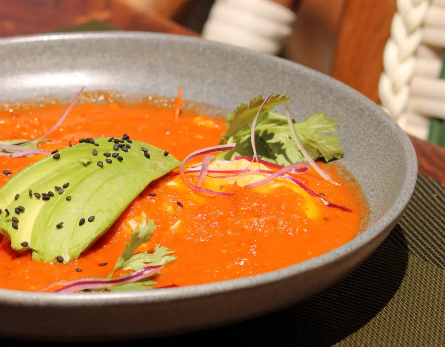 Plato hondo de piedra con salsa roja, láminas de aguacate con ajonjolí negro, cebolla morada y cilantro.