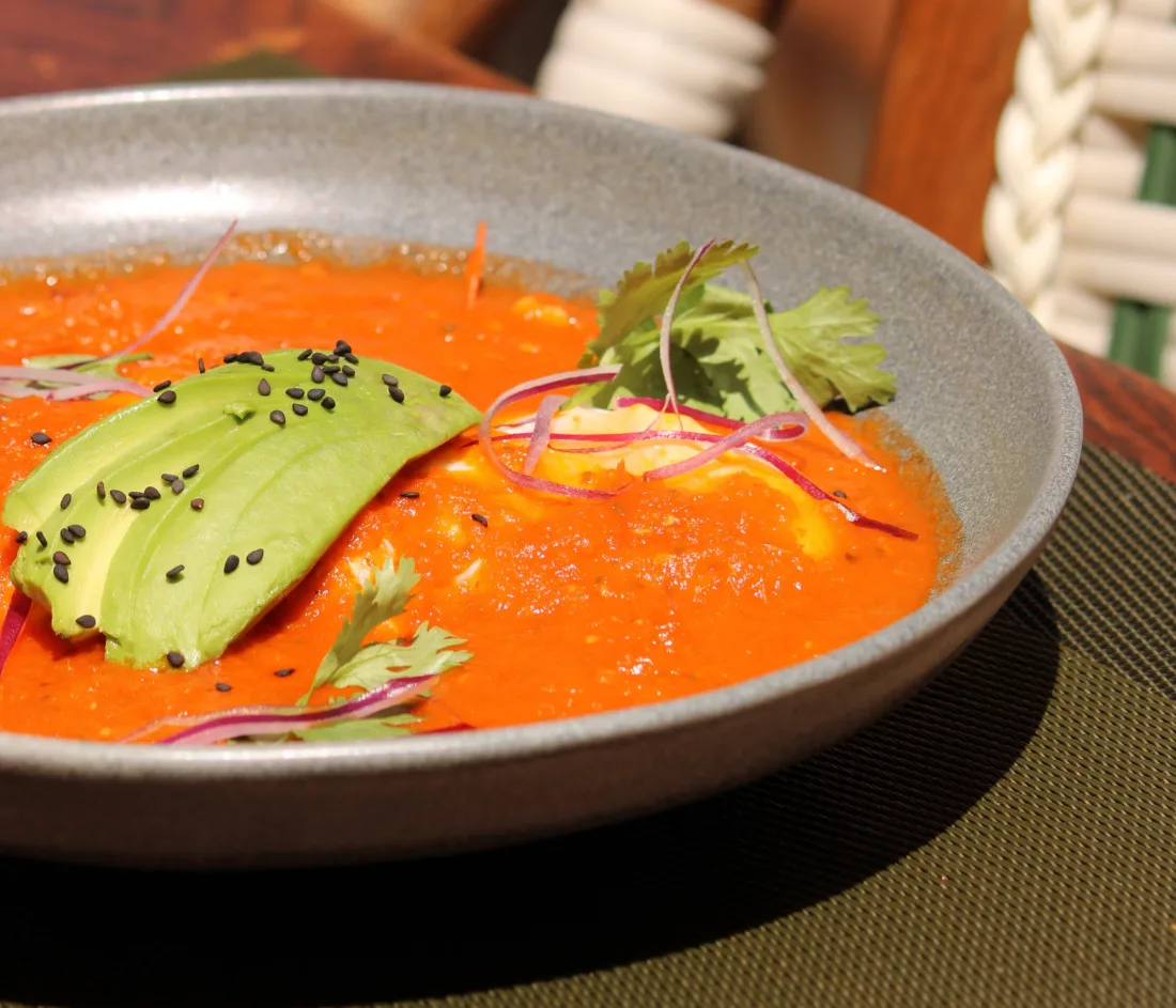 Plato hondo de piedra con salsa roja, láminas de aguacate con ajonjolí negro, cebolla morada y cilantro.