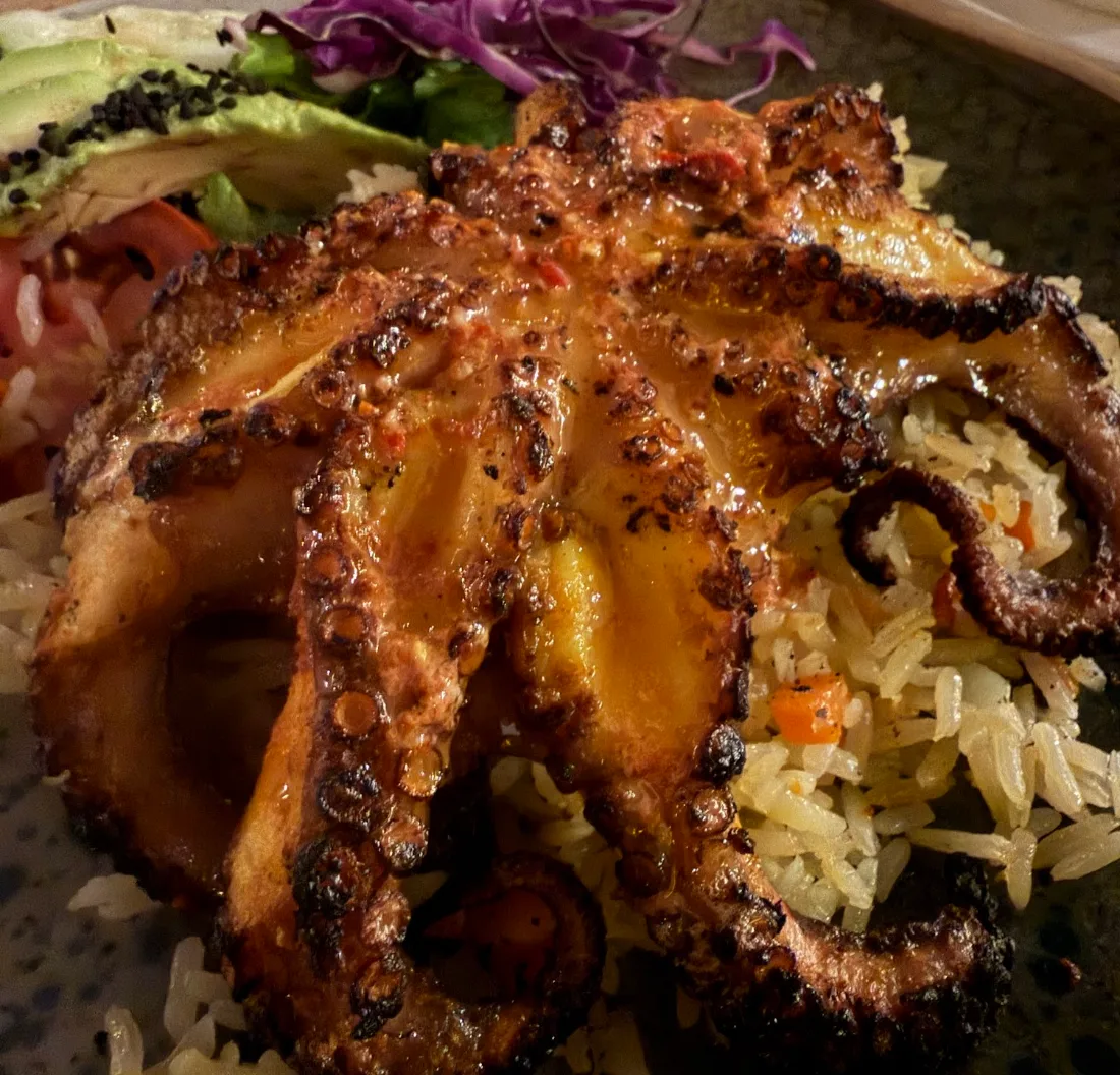 Pulpo a las brasas sobre arroz blanco, con ensalada de col morada al costado.